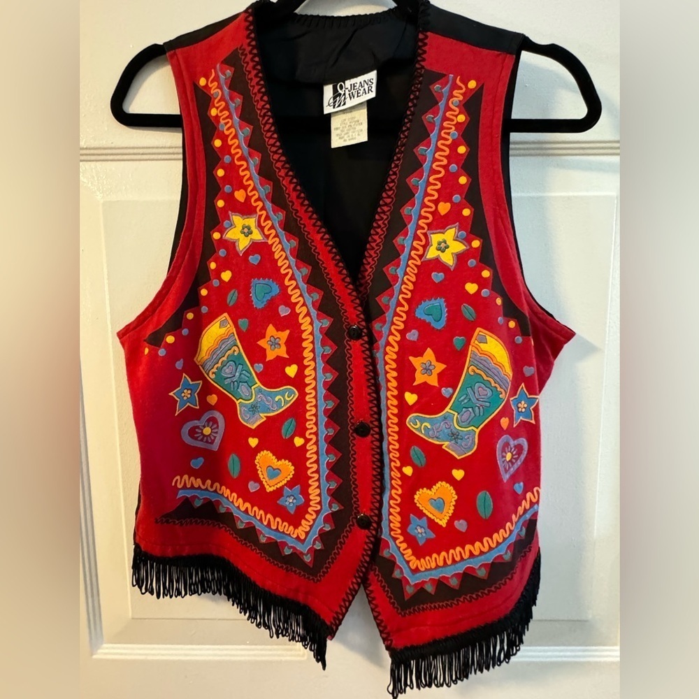 Western Painted Fringe Vest Cowgirl Rodeo Boho Country Vintage 90’s Fun Colorful